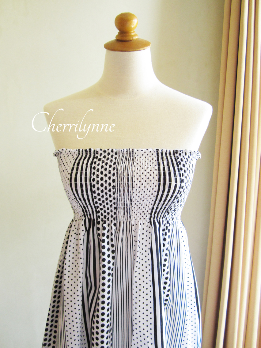Summer Dress - Strapless Smocked Cotton Tube Dress Polkadot Stripes Pattern with Ruffles
