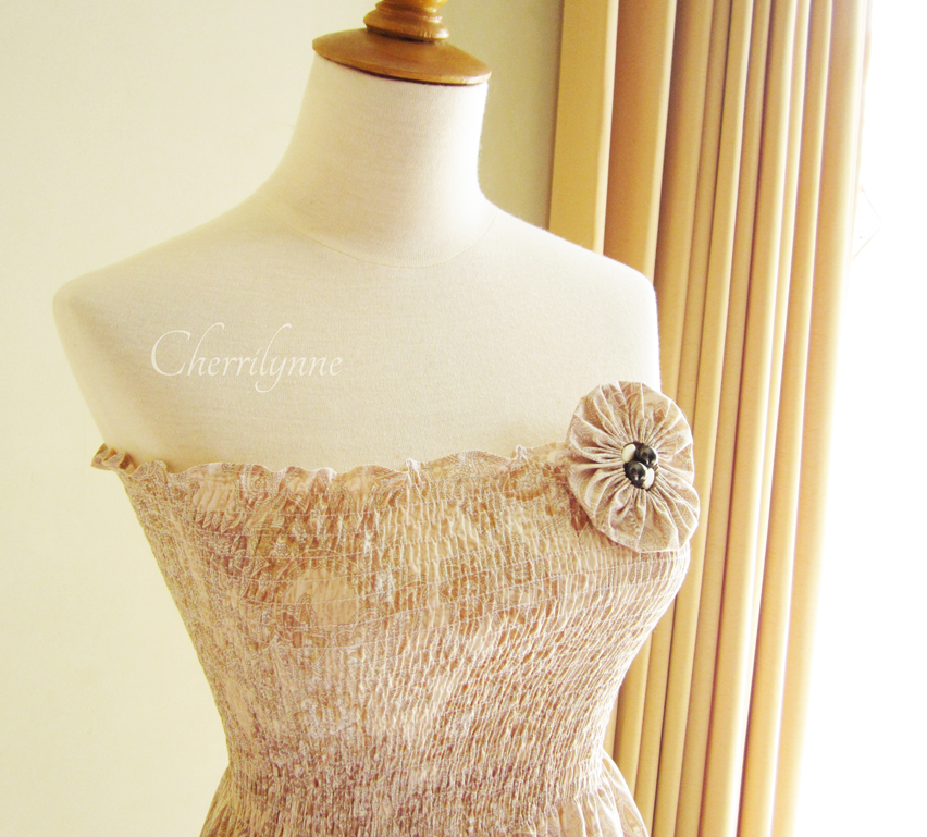 Smocked Dress Light Brown Japanese Cotton with Fabric Flower Brooch