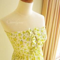 Smocked Dress with Ruffles and Beads Lime Green Japanese Cotton Floral Print